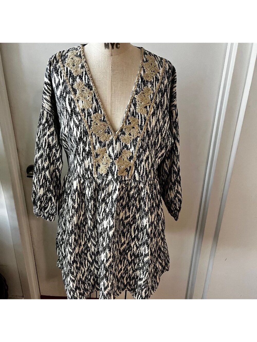 ZARA Linen Babydoll Ikat Mini Dress with Beaded Neckline‎ Size Medium